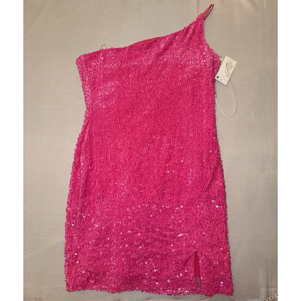 NWT‎ Midnight Doll One Shoulder Sequin Front Slit Bodycon Pink Dress Size L